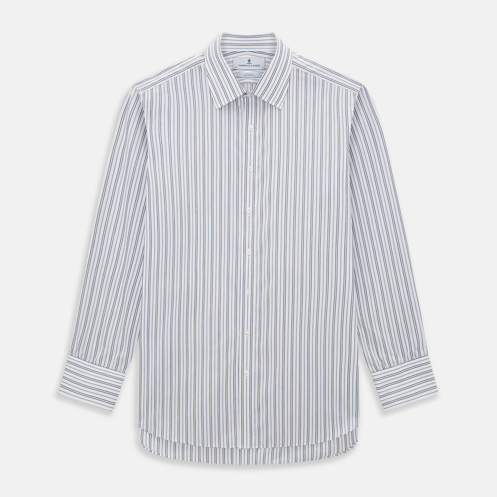 The Turnbull & Asser Navy Multi Stripe Mayfair Shirt features a T&A collar and premium Italian cotton, with vertical blue and white stripes. It is shown neatly laid flat on a white background.