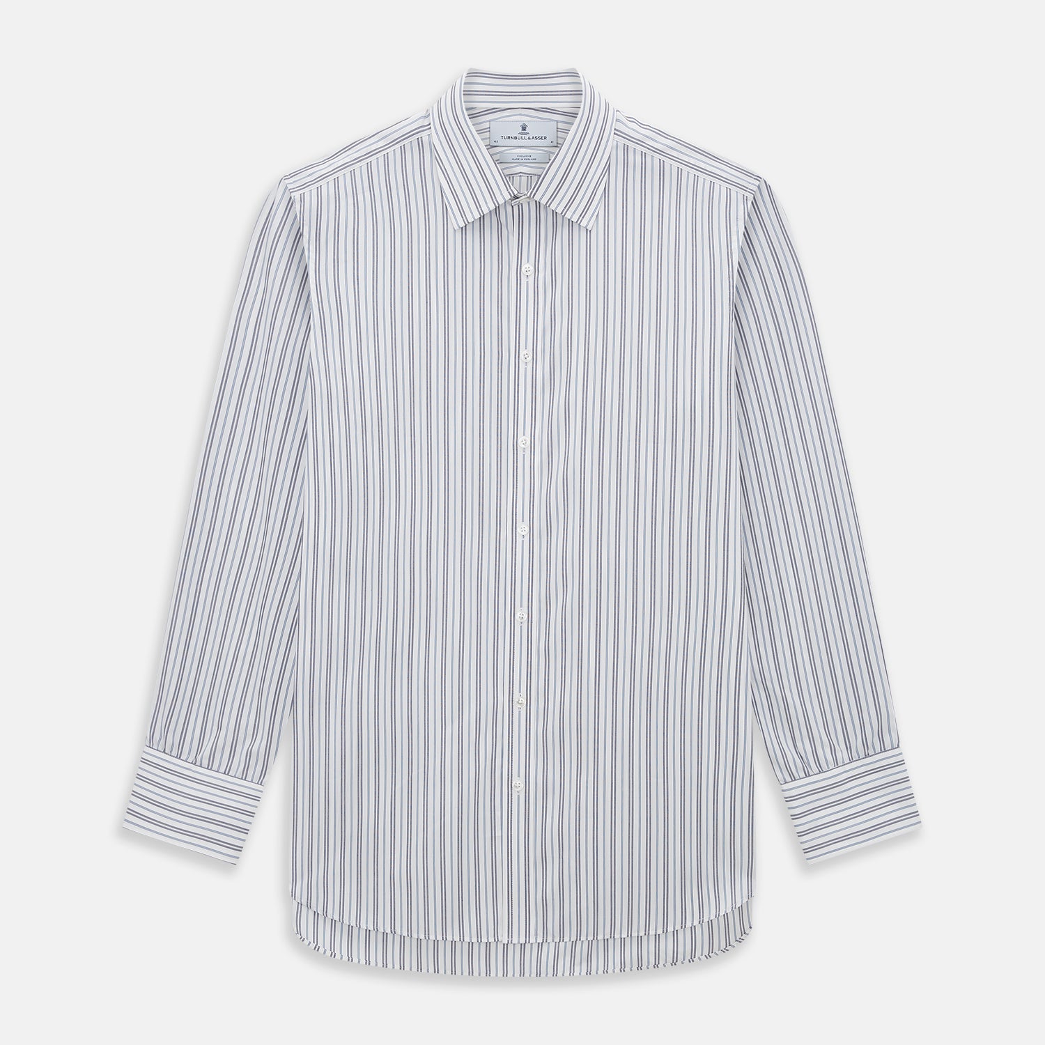 View 1 of product The Turnbull & Asser Navy Multi Stripe Mayfair Shirt features a T&A collar and premium Italian cotton, with vertical blue and white stripes. It is shown neatly laid flat on a white background.