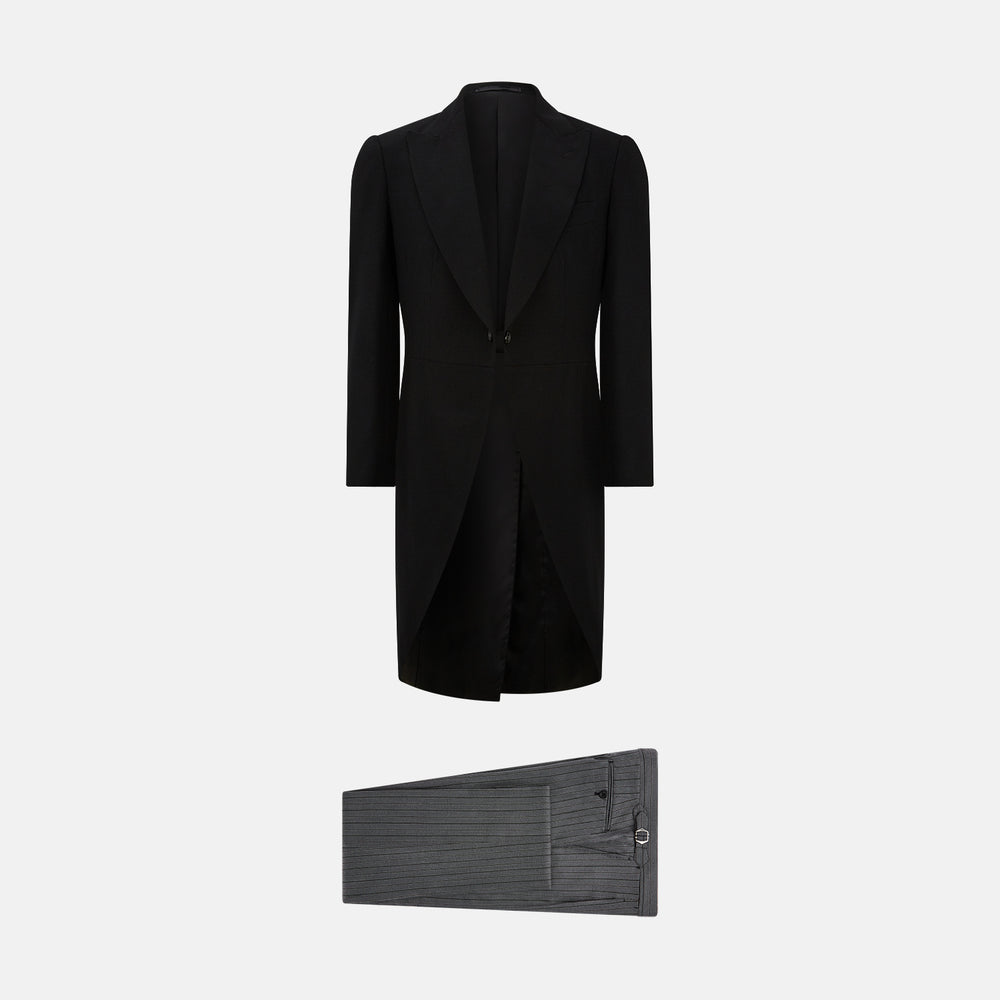 The Turnbull & Asser Black Morning Coat features satin peak lapels, a single front button closure, and long sleeves, shown against a plain white background.