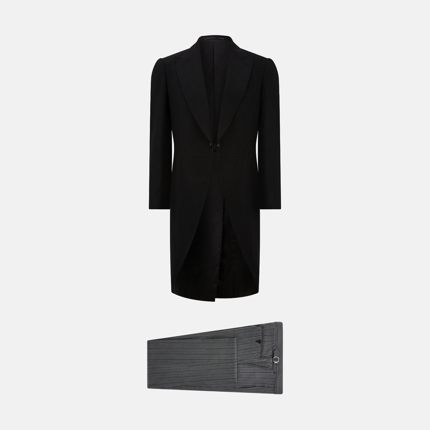 View 5 of product The Turnbull & Asser Black Morning Coat features satin peak lapels, a single front button closure, and long sleeves, shown against a plain white background.