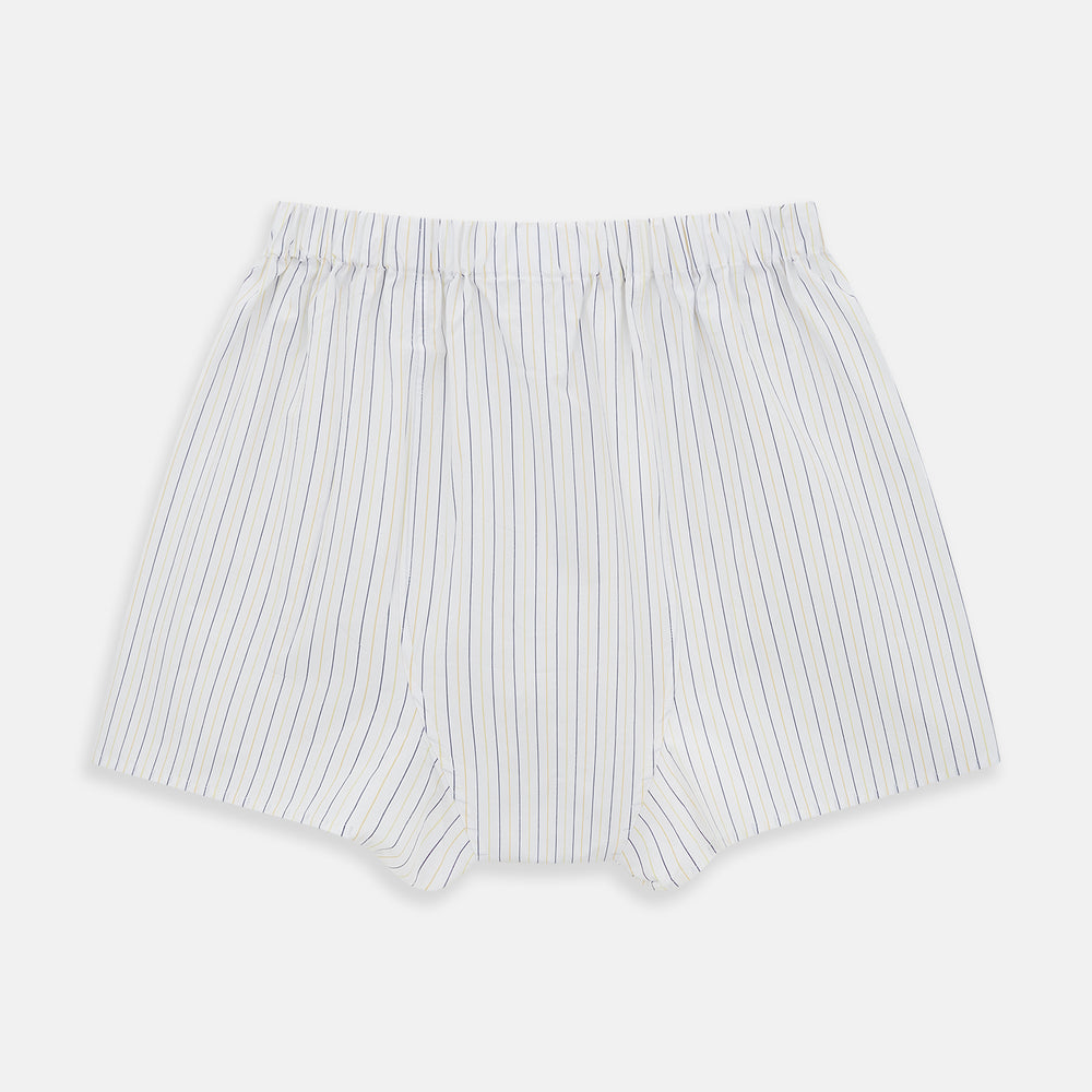 The Turnbull & Asser Yellow And Blue Stripe Godfrey Boxer Shorts feature vertical yellow and blue stripes, made from premium Italian cotton with an elastic waistband and relaxed fit, shown flat on a plain white background.