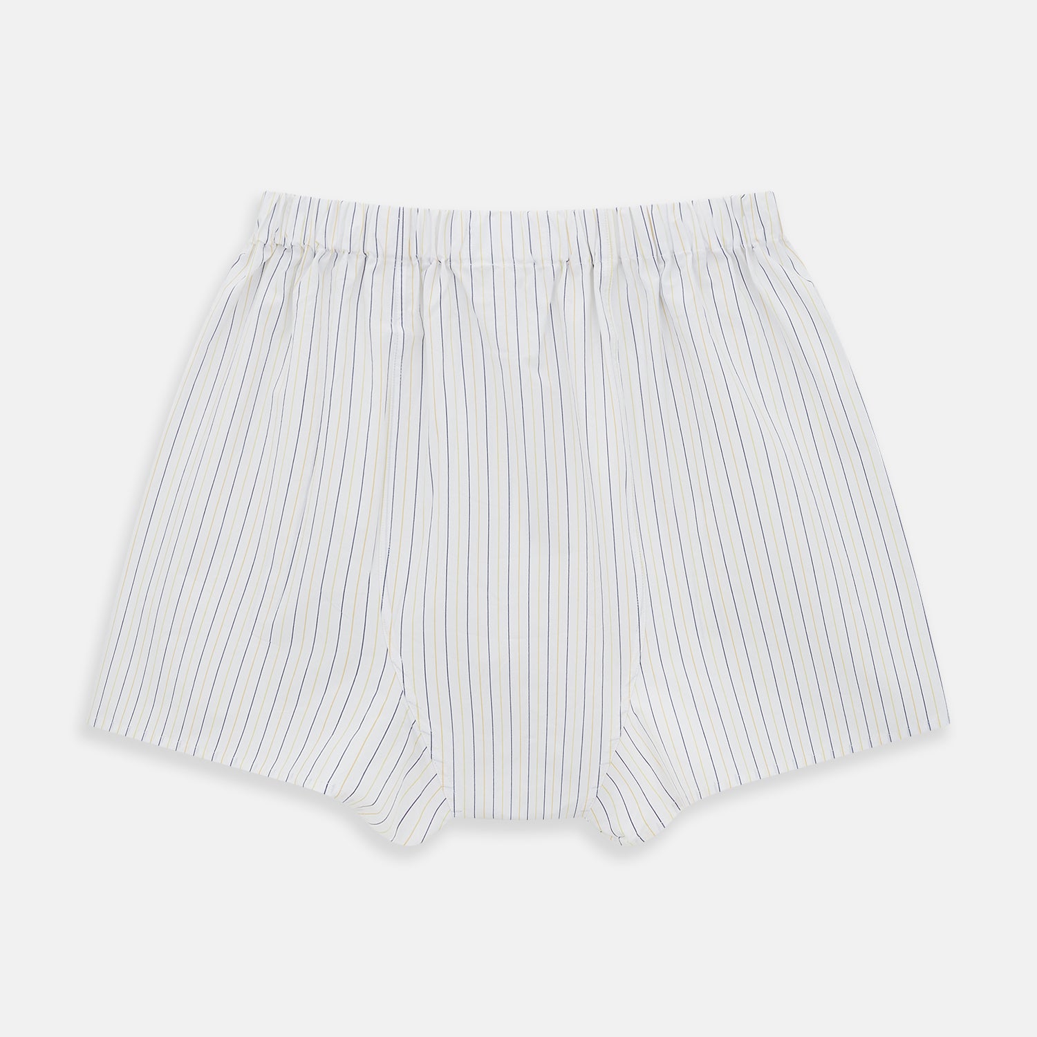 View 2 of product The Turnbull & Asser Yellow And Blue Stripe Godfrey Boxer Shorts feature vertical yellow and blue stripes, made from premium Italian cotton with an elastic waistband and relaxed fit, shown flat on a plain white background.