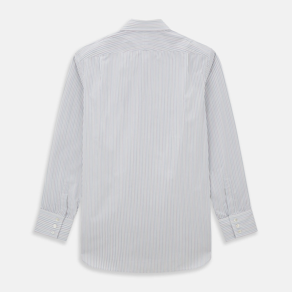 The Turnbull & Asser Multicoloured Music Stripe Mayfair Shirt features thin blue and white vertical stripes, a classic T&A collar, and buttoned cuffs, shown laid flat on a white background.