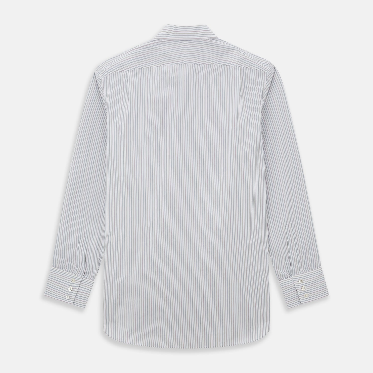 View 3 of product The Turnbull & Asser Multicoloured Music Stripe Mayfair Shirt features thin blue and white vertical stripes, a classic T&A collar, and buttoned cuffs, shown laid flat on a white background.