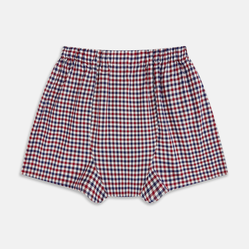 Burgundy gingham check Godfrey men's boxer shorts by Turnbull & Asser, crafted from luxury Italian cotton with an elastic waistband, displayed flat on a white background.