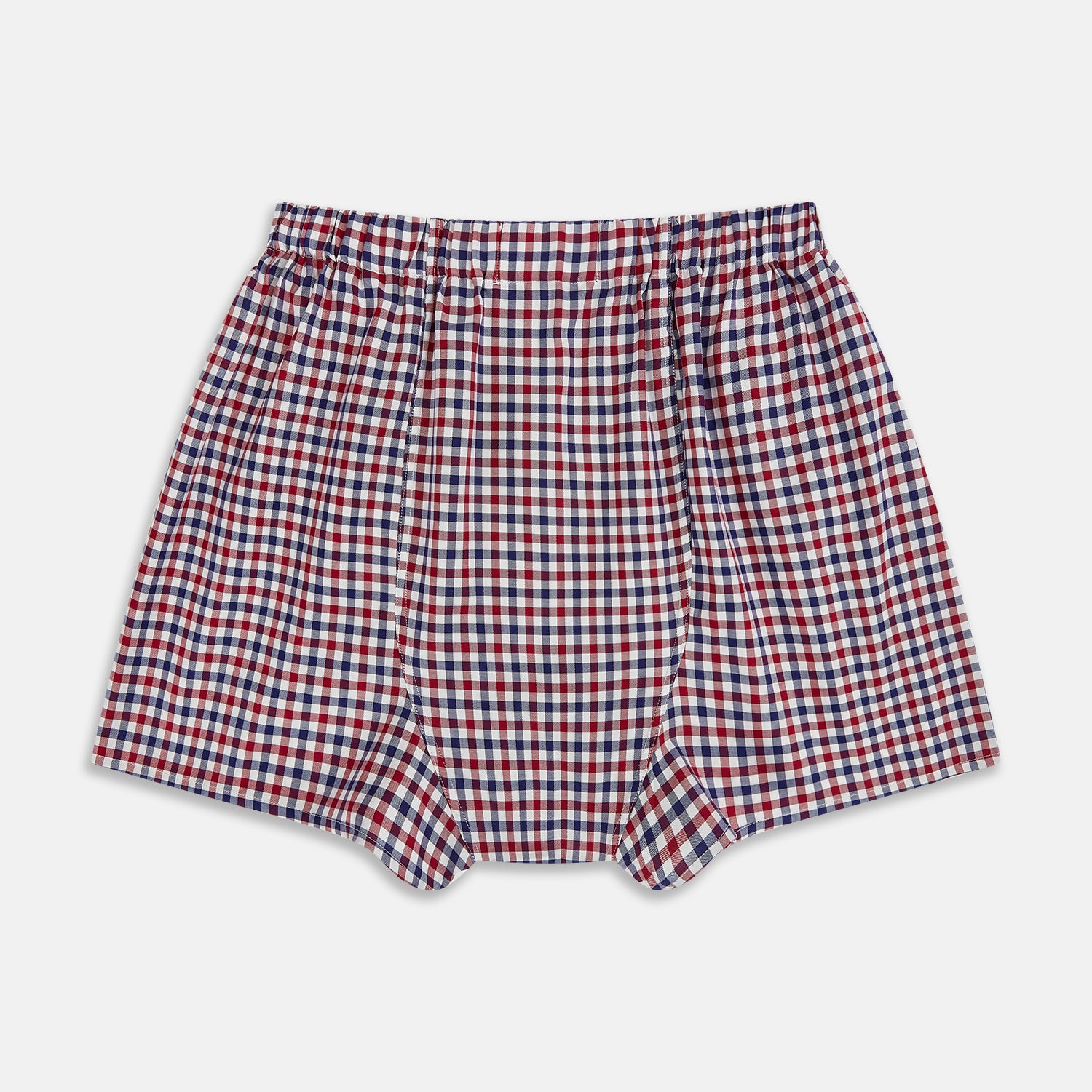 View 2 of product Burgundy gingham check Godfrey men's boxer shorts by Turnbull & Asser, crafted from luxury Italian cotton with an elastic waistband, displayed flat on a white background.