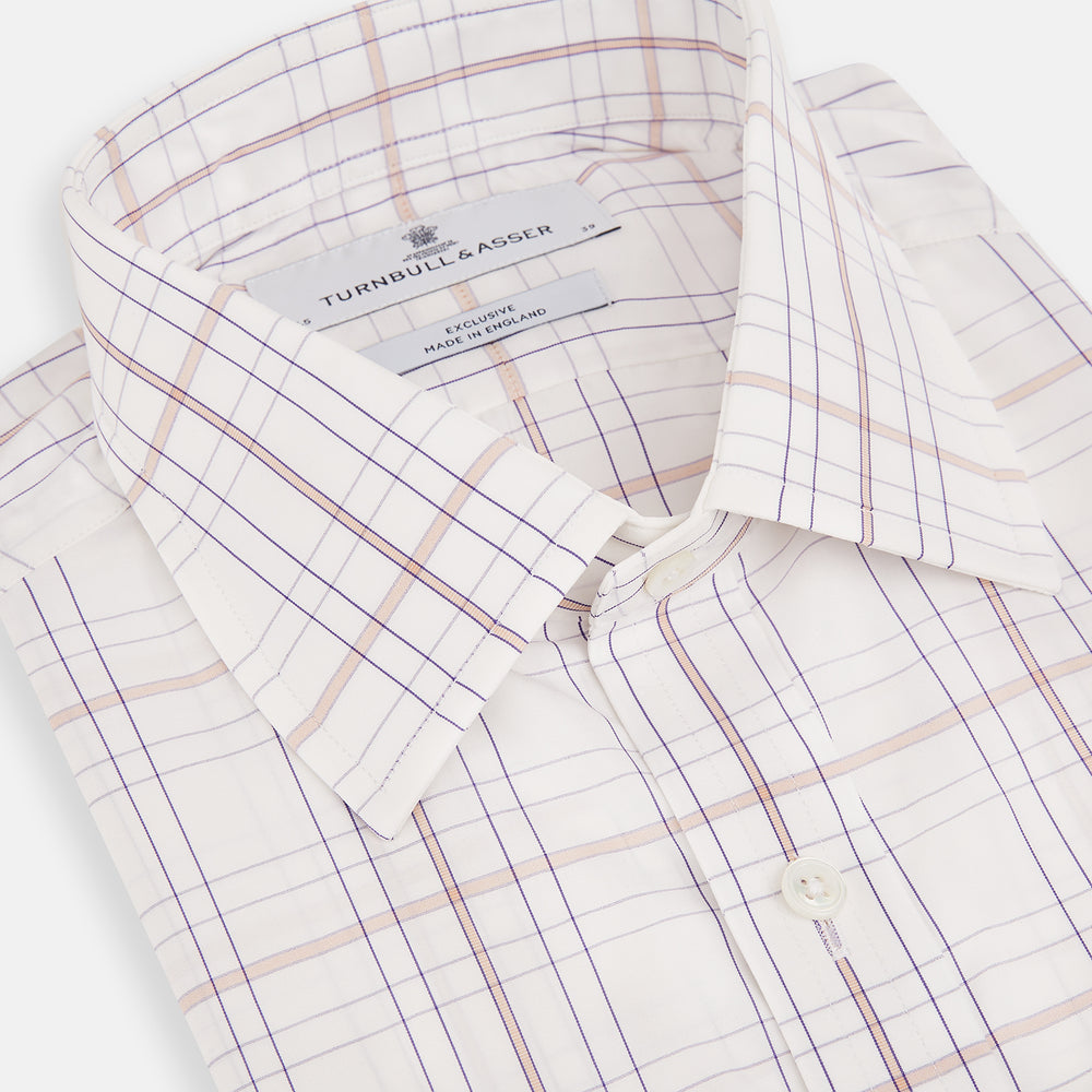 Turnbull & Asser’s Purple and Rose Multi Check Mayfair Shirt features a long-sleeve British design with a white base and purple and rose checks, shown on a plain white background.