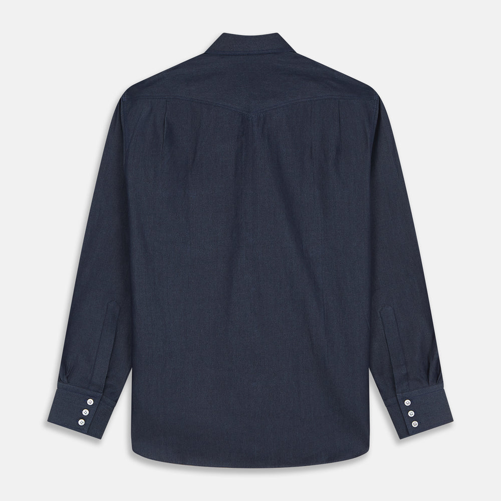 The Turnbull & Asser Navy Weekend Fit Larkin Shirt features a Dorset collar, long sleeves with 3-button cuffs, two chest pockets, and white snaps, shown laid flat against a white background.