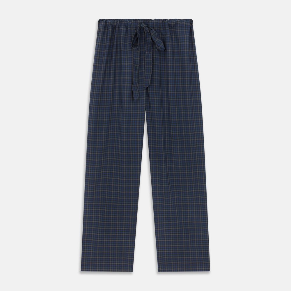 The Turnbull & Asser Blue Multi Check Wool Quin Pyjama Set features a long-sleeve button-up top with chest pocket and drawstring pants, both displayed flat on white—a luxurious choice for refined sleepwear.