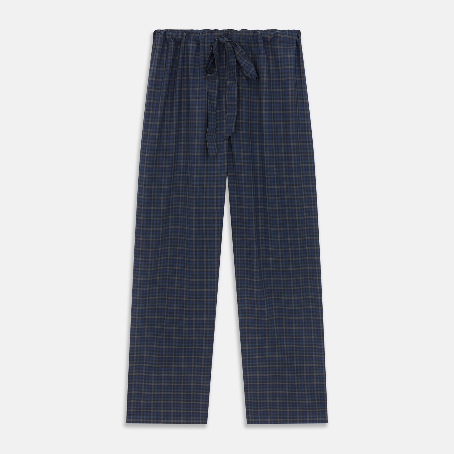 View 5 of product The Turnbull & Asser Blue Multi Check Wool Quin Pyjama Set features a long-sleeve button-up top with chest pocket and drawstring pants, both displayed flat on white—a luxurious choice for refined sleepwear.