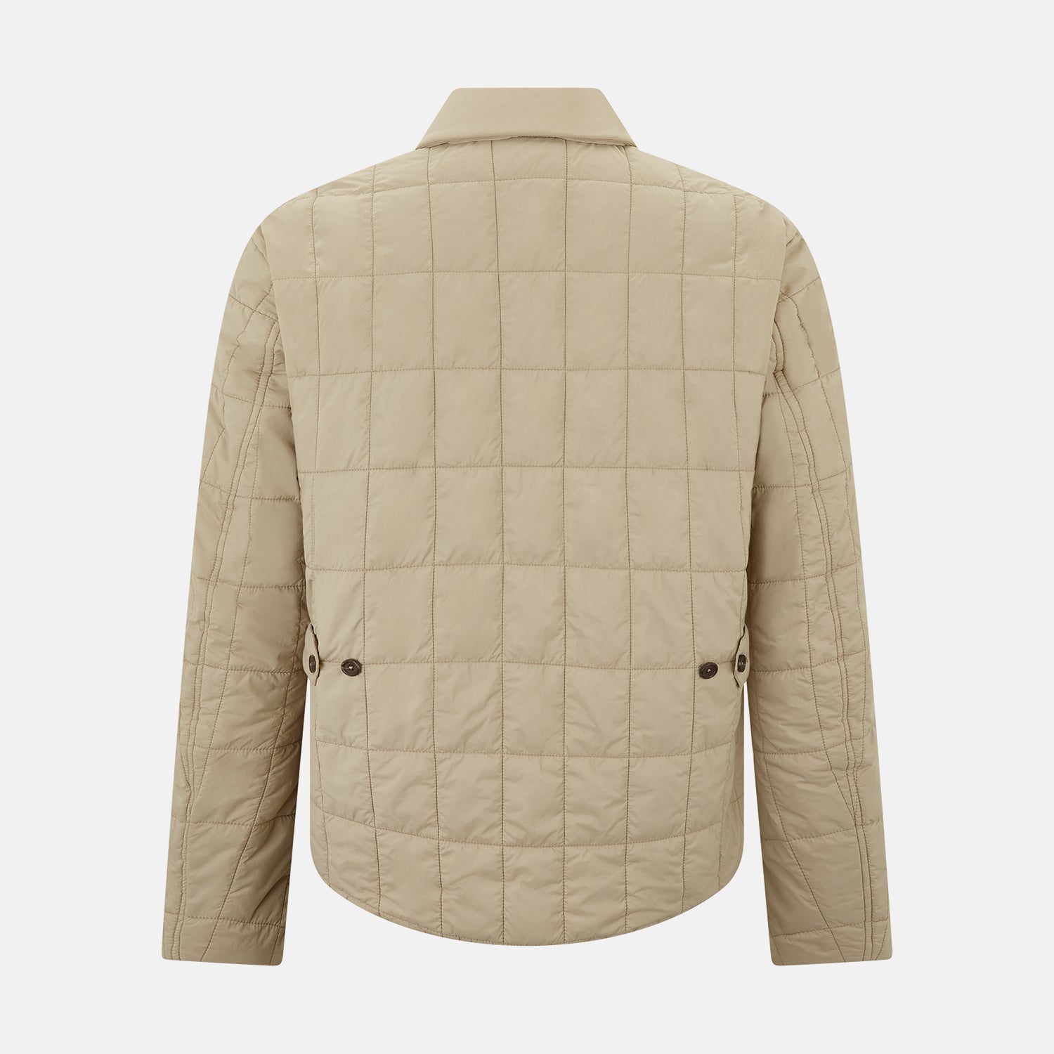 View 3 of product The Battersea Sand Quilted Jacket by Turnbull & Asser is a light beige men's jacket with a front zipper, pointed collar, zippered side pockets, chest pocket, and buttoned cuffs, shown on a plain white background.