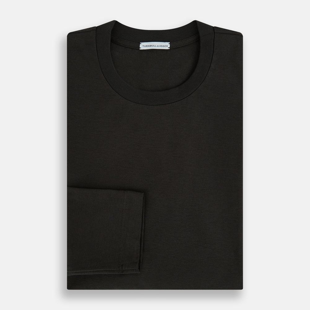 The Dark Chocolate Long-Sleeve T-shirt by Turnbull & Asser, featuring a plain crew neck design with no visible logos, is laid flat on a white background to showcase its quality and versatility.