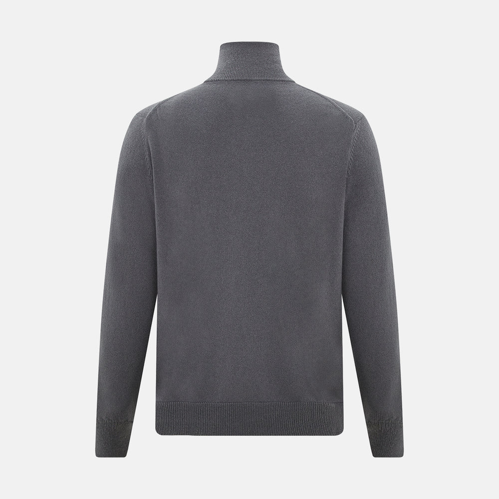 The Turnbull & Asser Grey Half-Zip Cashmere Jumper features long sleeves, a high collar, and premium yarn in dark gray. This classic knitwear is showcased against a white background.