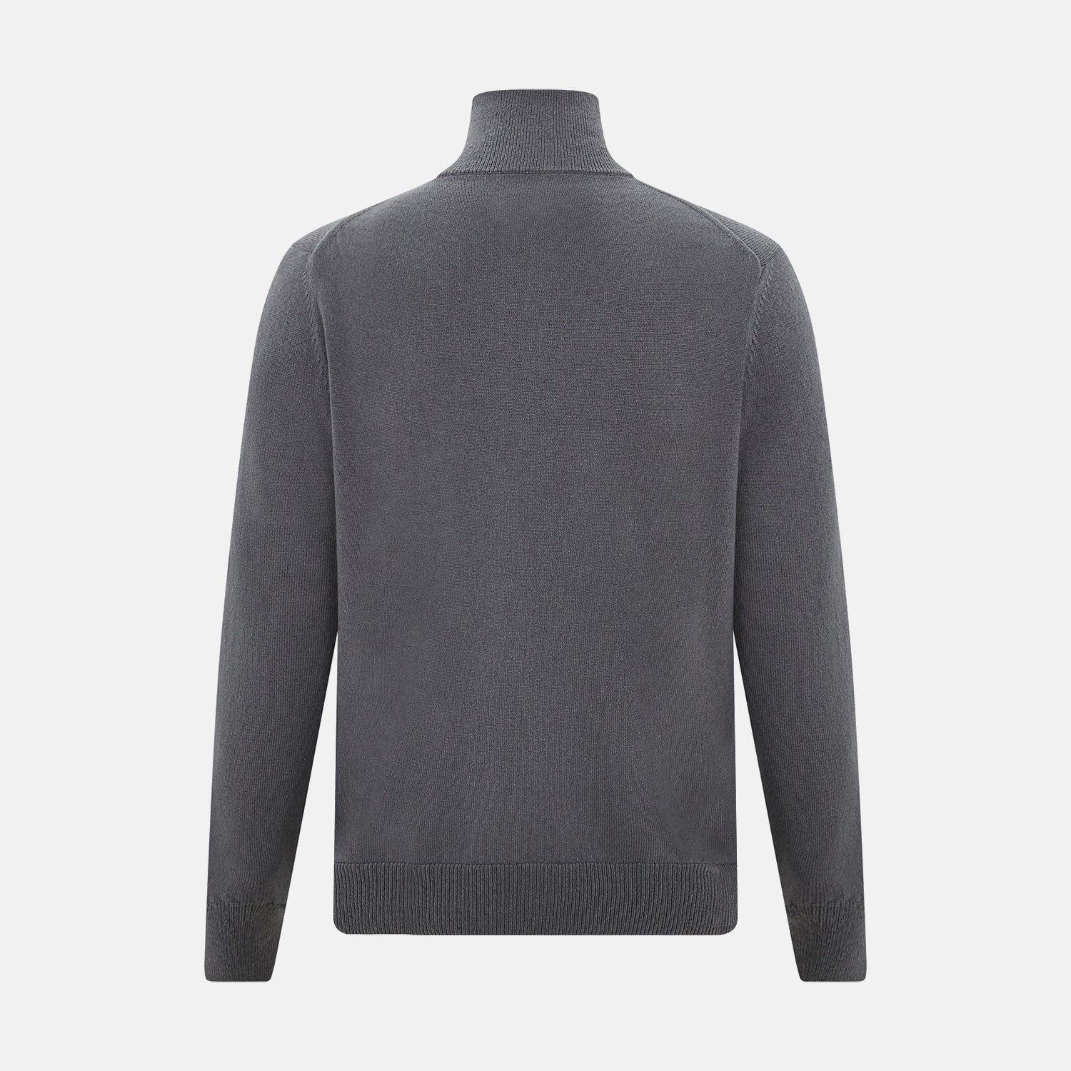 View 3 of product The Turnbull & Asser Grey Half-Zip Cashmere Jumper features long sleeves, a high collar, and premium yarn in dark gray. This classic knitwear is showcased against a white background.