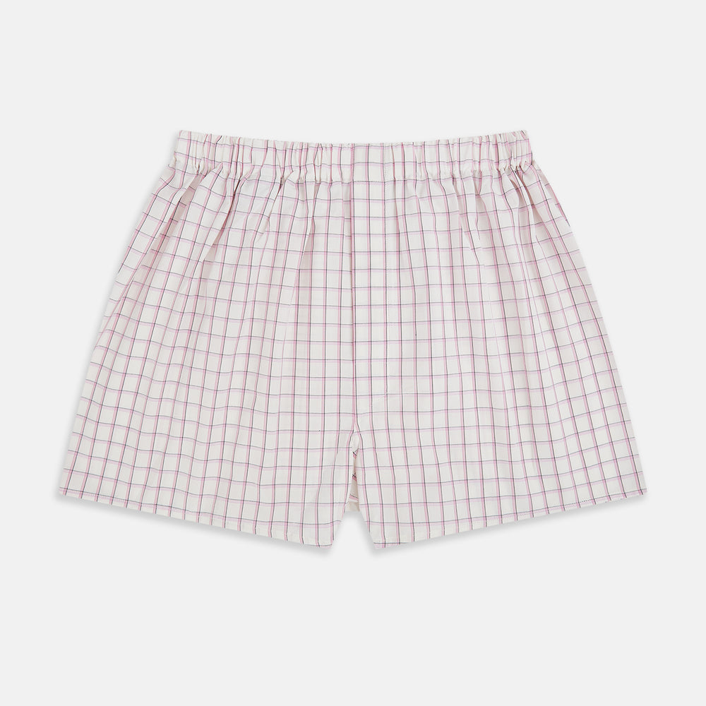The Pink Graph Check Godfrey Boxer Shorts by Turnbull & Asser feature a comfortable waistband and thin pink grid lines on cotton. These luxury boxers are shown laid flat against a white background.