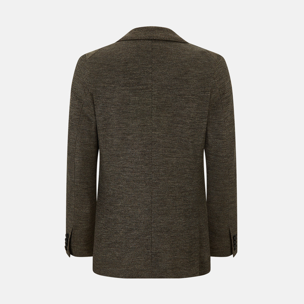 The Turnbull & Asser Pine Cone Linen Blend Cambridge blazer features a textured brown finish, notched lapel, two buttons, patch and chest pockets—showcasing classic British tailoring against a plain white background.