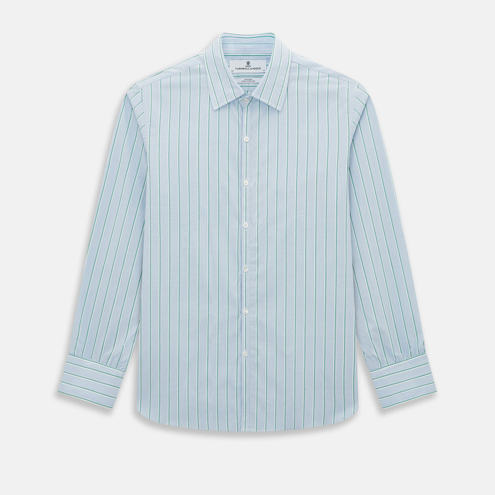 Blue and green multi-stripe Westminster shirt by Turnbull & Asser, featuring a pointed collar and buttoned cuffs—a refined example of British craftsmanship on a plain white background.