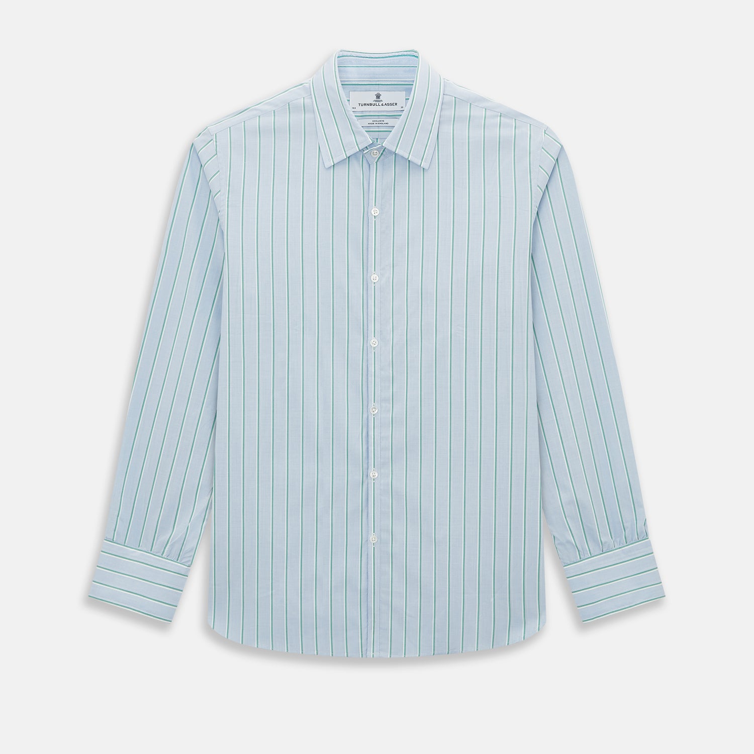 View 1 of product Blue and green multi-stripe Westminster shirt by Turnbull & Asser, featuring a pointed collar and buttoned cuffs—a refined example of British craftsmanship on a plain white background.