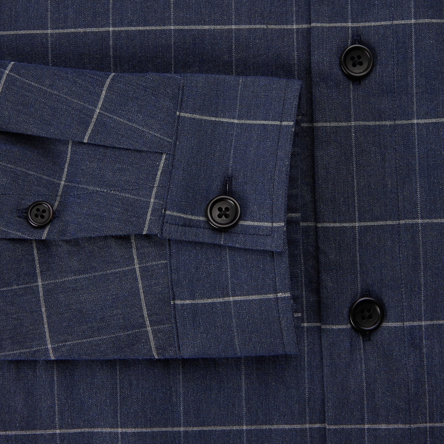 View 4 of product The Turnbull & Asser Royal Blue Check Hampstead Overshirt features a white windowpane pattern, long sleeves, two front pockets, and a chest pocket, displayed on a plain white background for an elegant classic look.