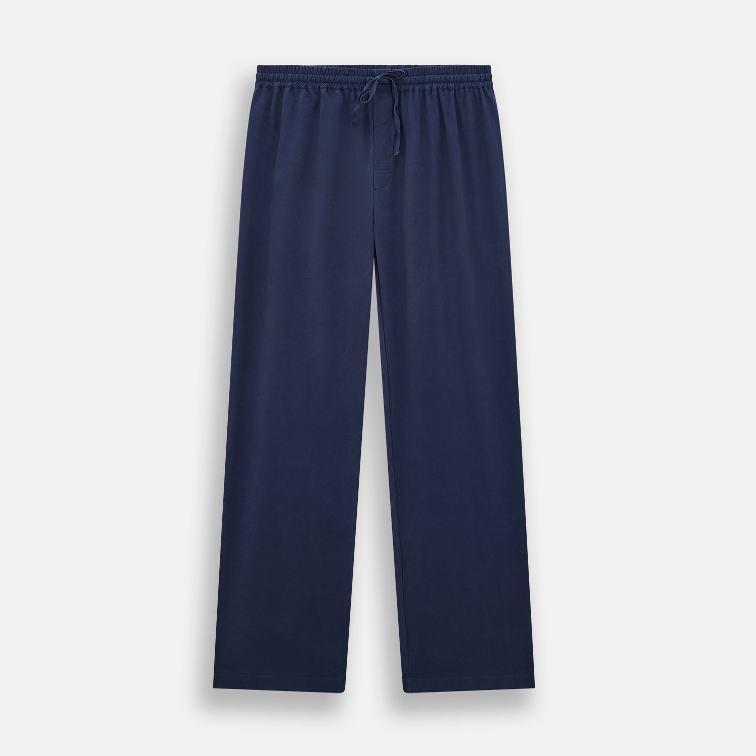 View 6 of product Turnbull & Asser Navy Silk Pyjama Set, laid flat on a white background, includes a long-sleeve button-up shirt with chest pocket and drawstring pants.