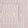 View 4 of product The Red Multi Ticking Stripe Mayfair Shirt by Turnbull & Asser features thin red and blue vertical stripes on white, a T&A collar, long sleeves, and button-up design.