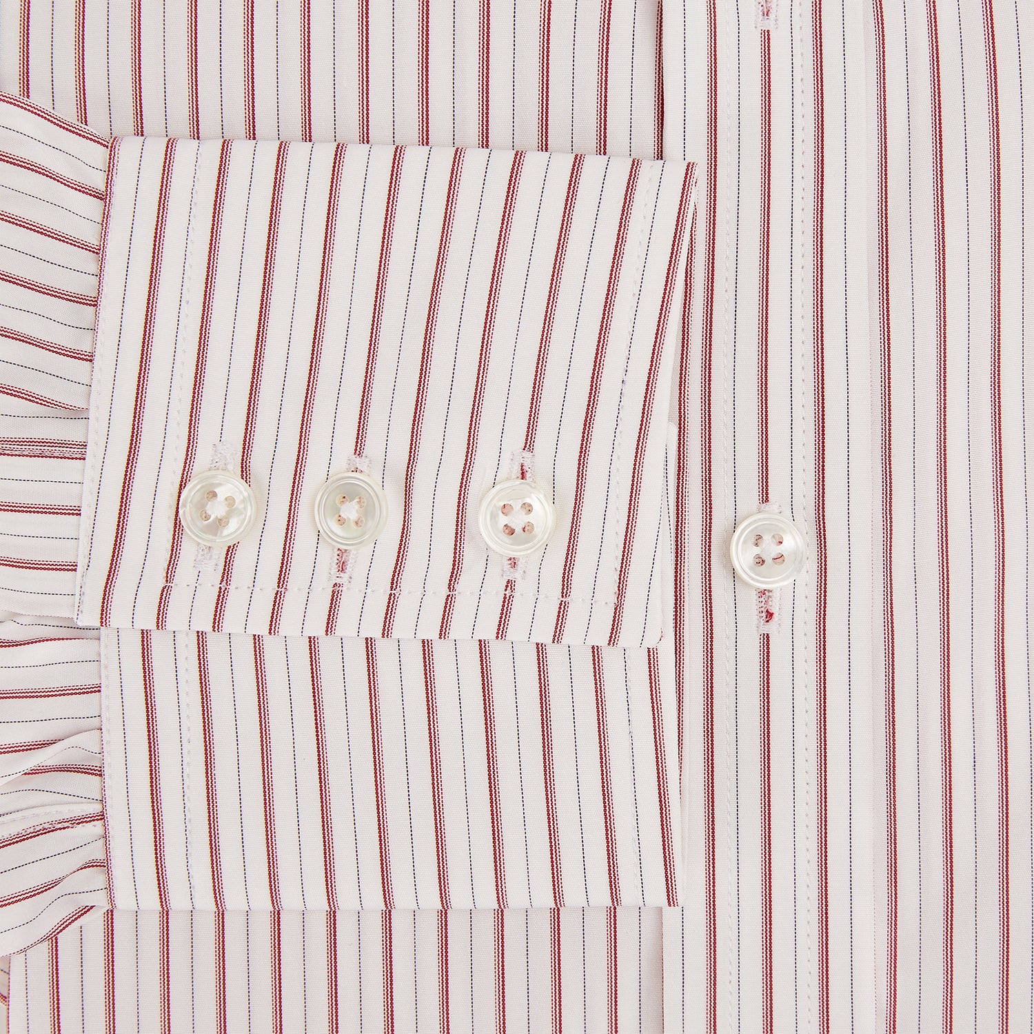 View 4 of product The Red Multi Ticking Stripe Mayfair Shirt by Turnbull & Asser features thin red and blue vertical stripes on white, a T&A collar, long sleeves, and button-up design.