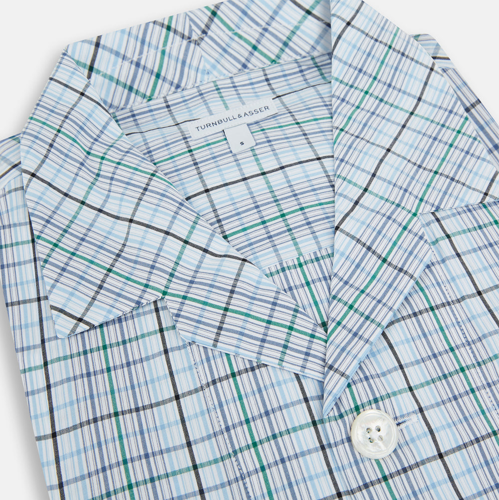 Turnbull & Asser’s Blue and Green Multi Check Pyjama Shirt features long sleeves and a button-up design with a blue and green plaid pattern—ideal for elegant loungewear or stylish nightwear.