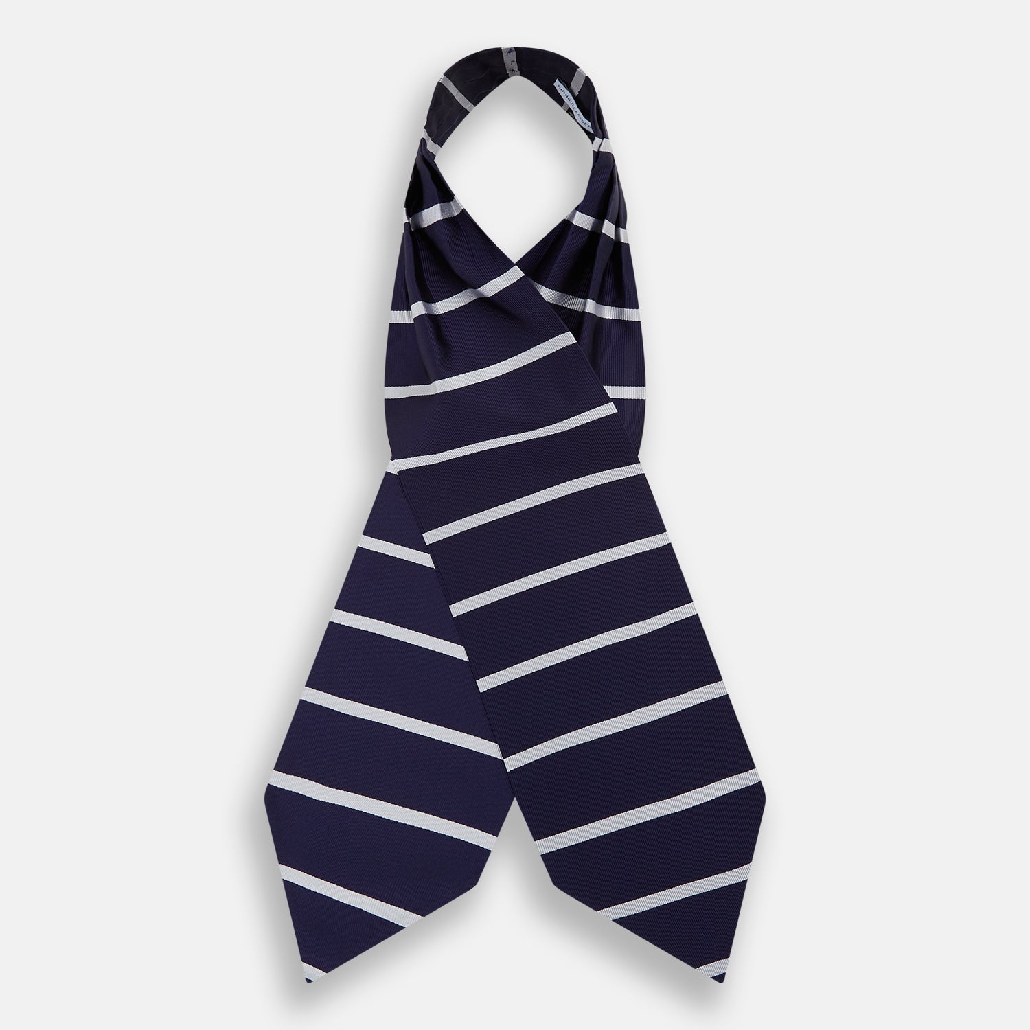 View 2 of product The Turnbull & Asser Silver Stripe and Navy Silk Cravat features two horizontal white stripes on navy silk, offering a sophisticated British-inspired design—ideal as a unique wedding accessory.