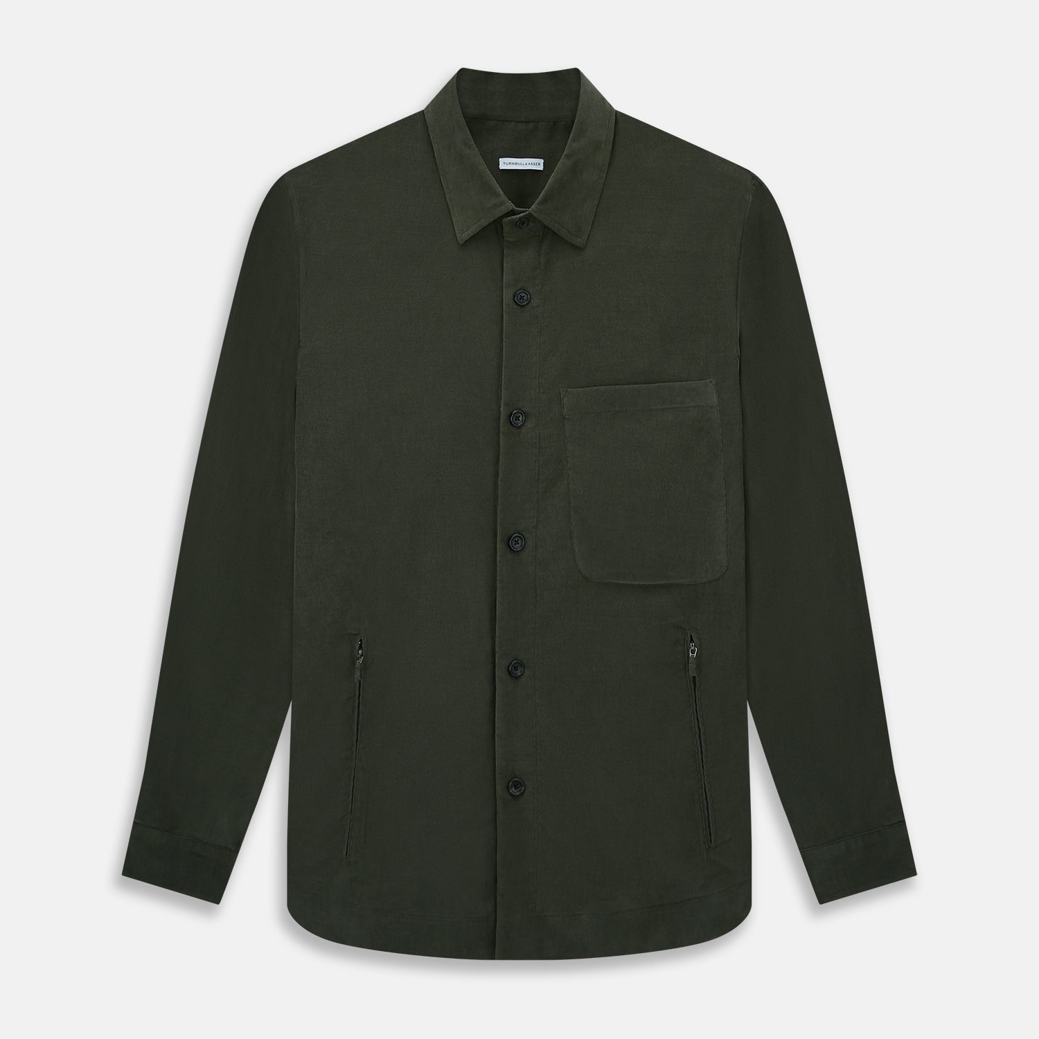 View 1 of product The Turnbull & Asser Olive Corduroy Hampstead Overshirt for men features a collar, long sleeves, left chest pocket, and two zippered side pockets, shown laid flat on a white background.