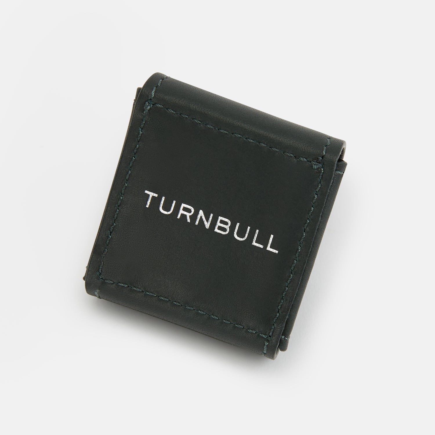 View 4 of product Turnbull & Asser Forest Green Leather Cufflinks feature square ends, visible stitching, and braided leather connectors, displayed on a white background—a refined choice in men's accessories.