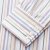 View 4 of product The Colourful Garden Multi Stripe Cotton Regular Fit Mayfair Shirt by Turnbull & Asser features a collar, buttoned cuffs, and vertical stripes in blue, yellow, pink, and white on a light background for a relaxed look.
