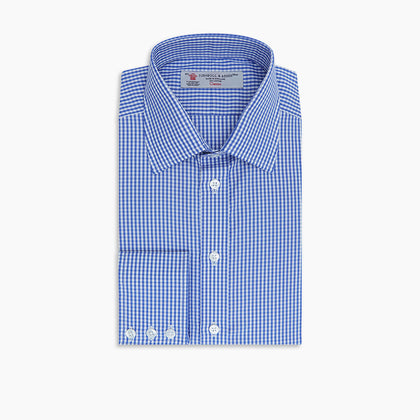 Mid-Blue Gingham Check Shirt with T&A Collar and 3-Button Cuffs Image 6