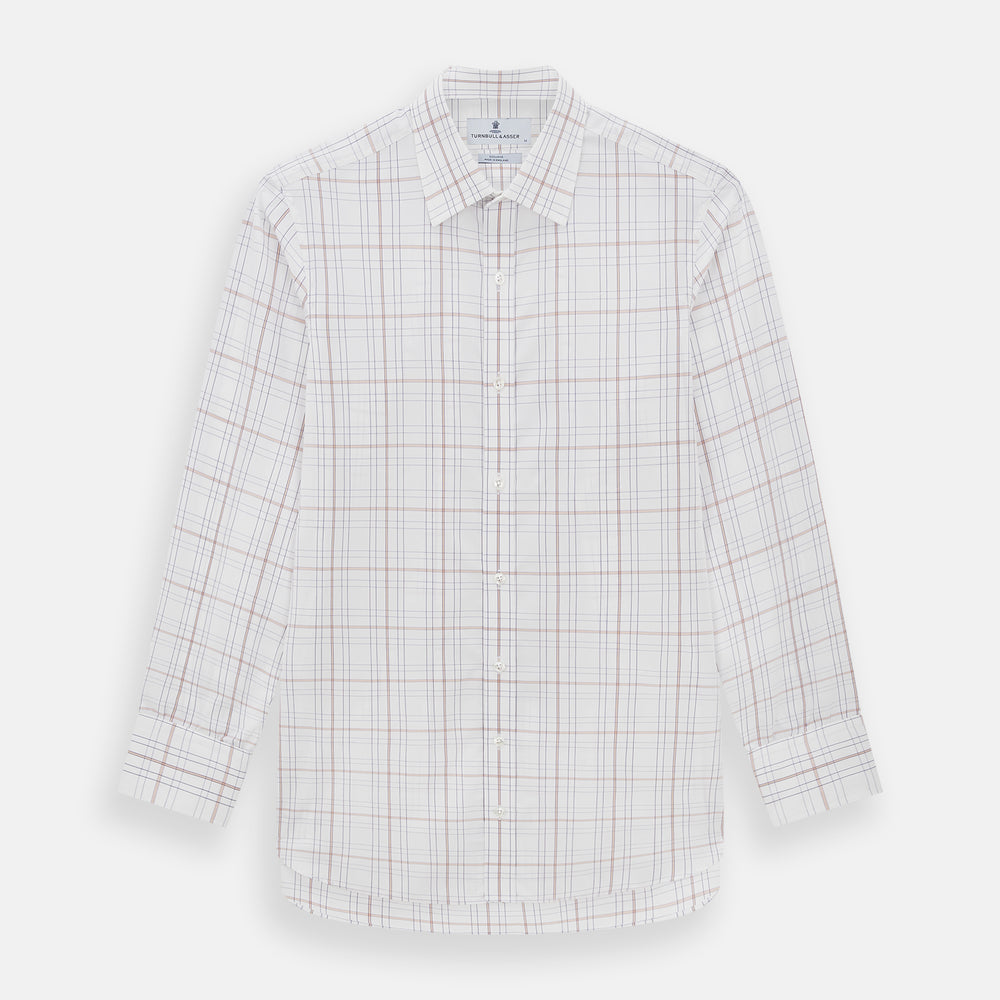 Turnbull & Asser’s Purple and Rose Multi Check Mayfair Shirt features a long-sleeve British design with a white base and purple and rose checks, shown on a plain white background.