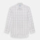 Turnbull & Asser’s Purple and Rose Multi Check Mayfair Shirt features a long-sleeve British design with a white base and purple and rose checks, shown on a plain white background.