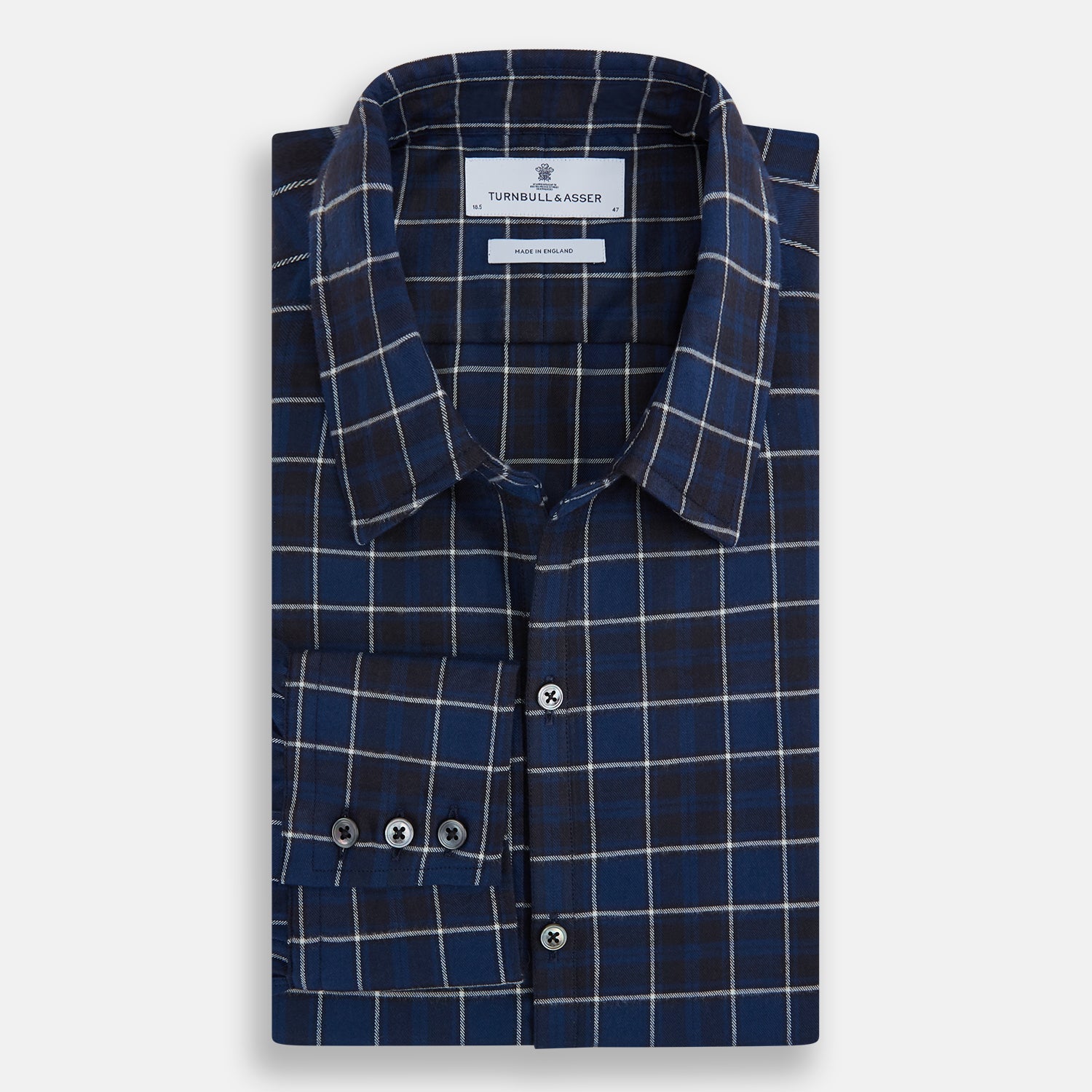 View 5 of product The Turnbull & Asser Navy and White Check Windsor Shirt features a long-sleeve design with a navy base and white check pattern, showcasing British craftsmanship and displayed on a white background.