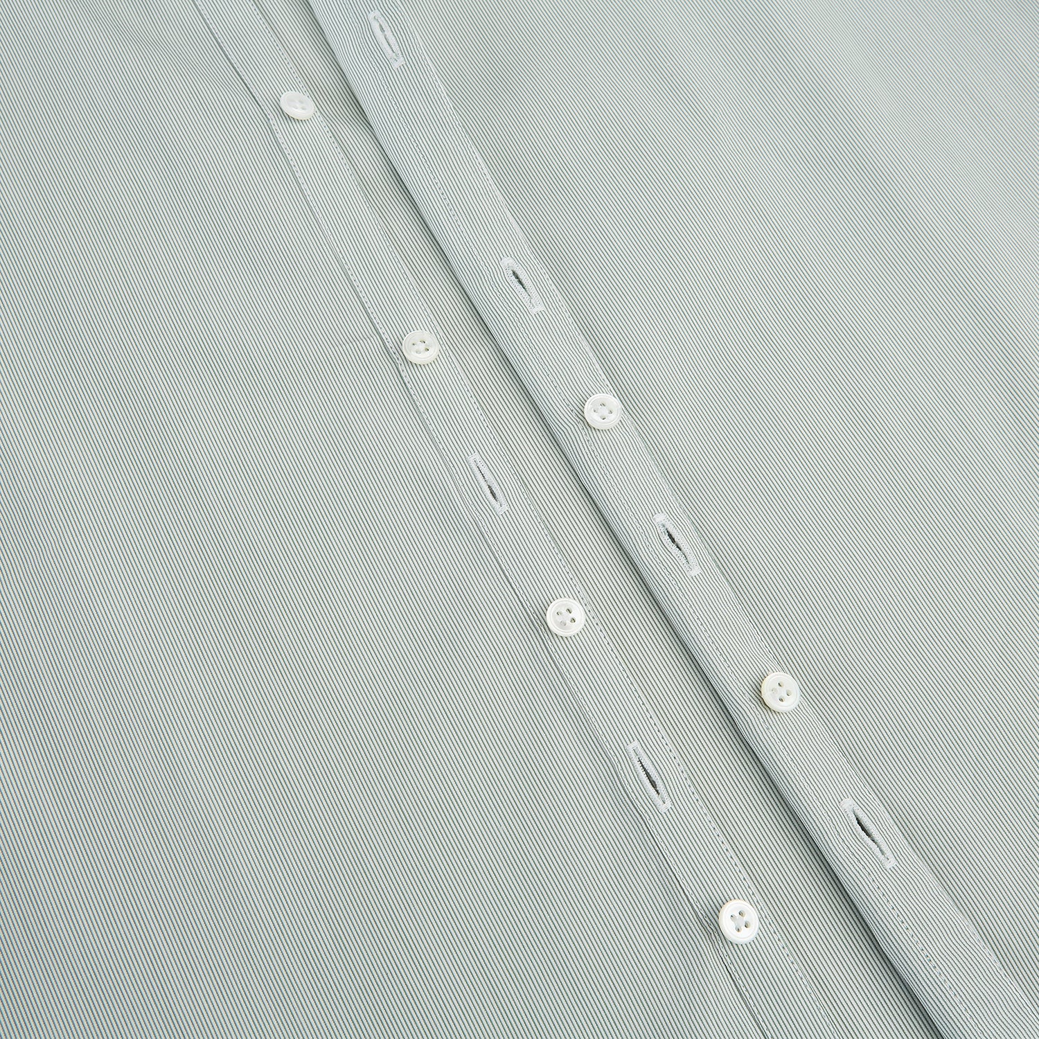 View 7 of product A dark green hairline stripe Westminster shirt by Turnbull & Asser, featuring long sleeves, a classic collar, tailored fit, white front buttons, and buttoned cuffs, laid flat on a white background.