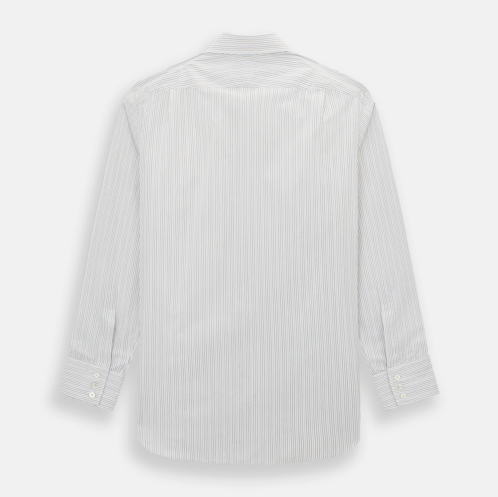 The Turnbull & Asser Red and Blue Double Pinstripe Mayfair Shirt features long sleeves, a collar, and button-up front, crafted from fine Italian cotton, displayed on a plain white background.