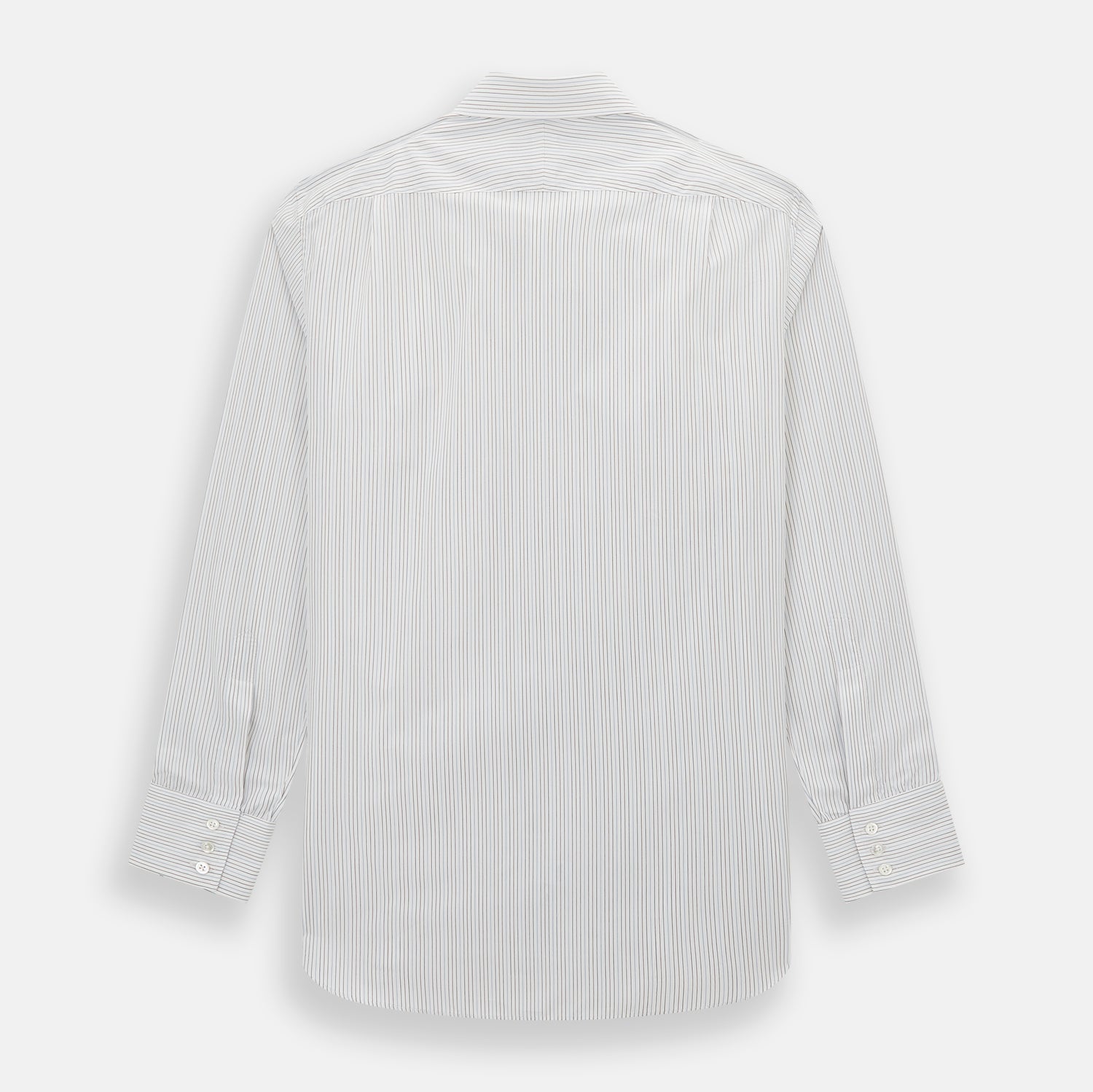 View 3 of product The Turnbull & Asser Red and Blue Double Pinstripe Mayfair Shirt features long sleeves, a collar, and button-up front, crafted from fine Italian cotton, displayed on a plain white background.