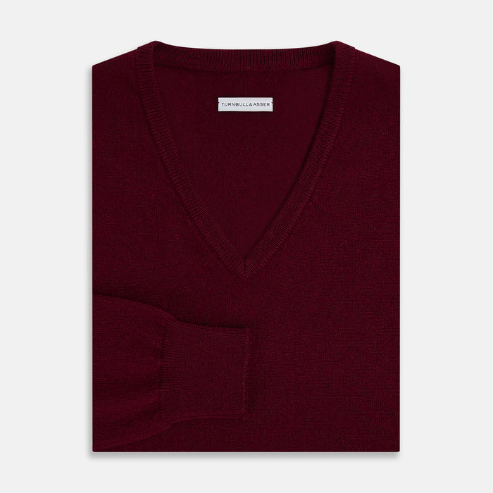 Burgundy Cashmere V-neck Jumper Image 6