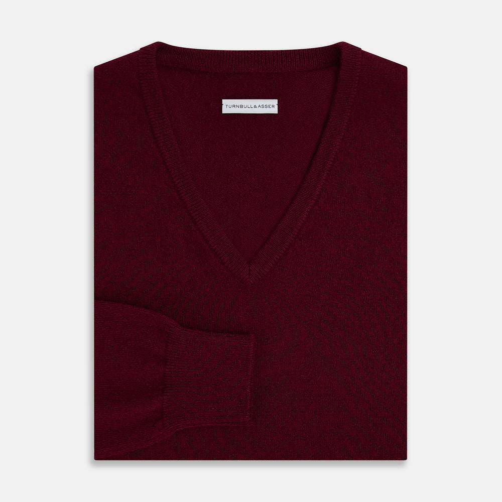 The Turnbull & Asser Burgundy Cashmere V-neck Jumper is shown on a white background.