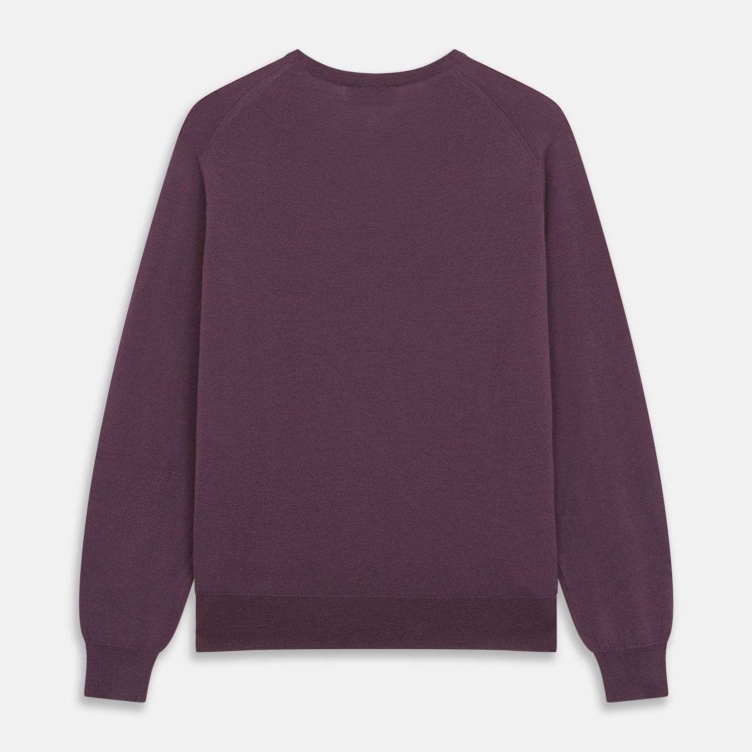 View 3 of product The Turnbull & Asser Plum Kennedy Merino V-Neck Jumper is a long-sleeved knitwear piece made from soft Italian wool, shown laid flat on a white background.