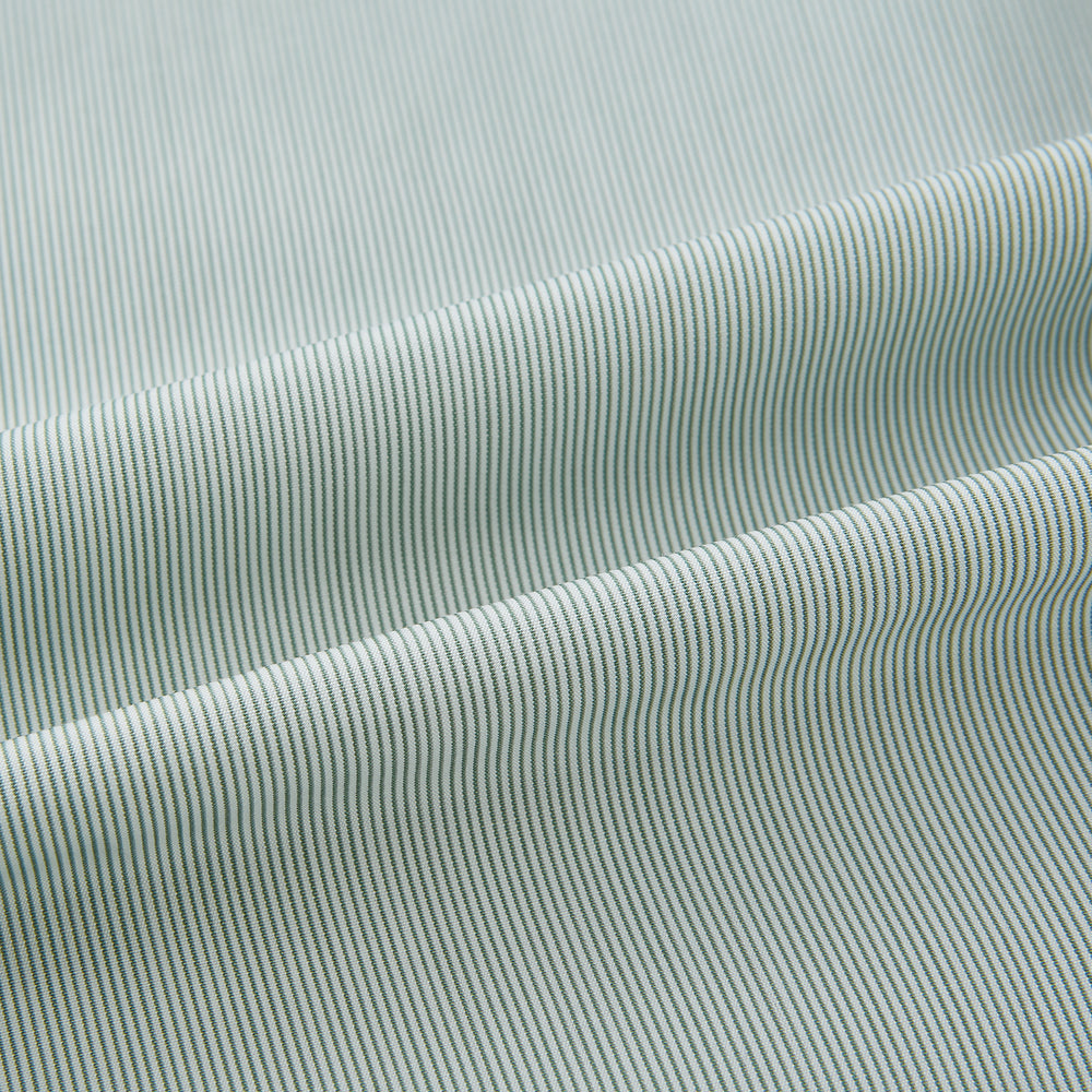 A dark green hairline stripe Westminster shirt by Turnbull & Asser, featuring long sleeves, a classic collar, tailored fit, white front buttons, and buttoned cuffs, laid flat on a white background.