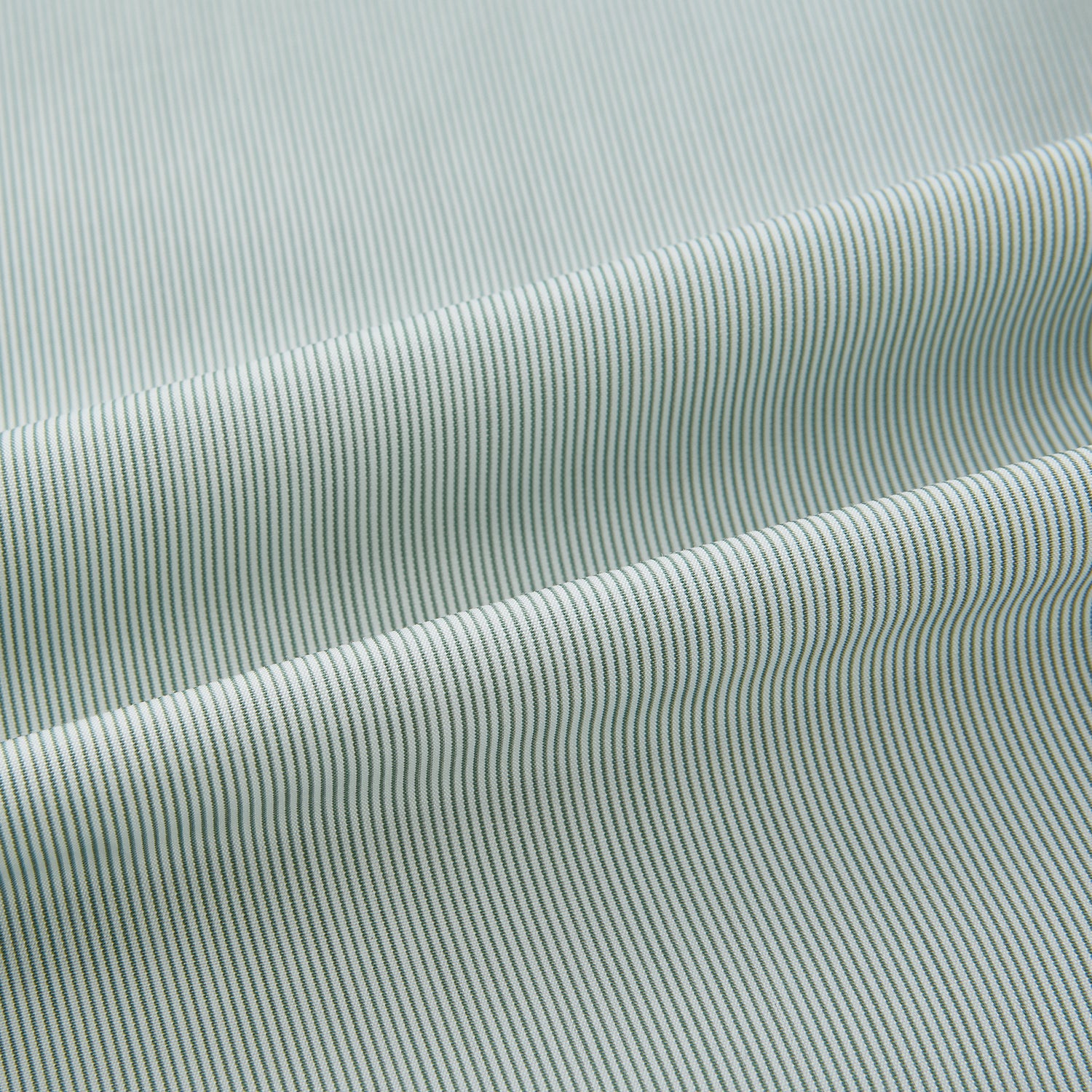 View 8 of product A dark green hairline stripe Westminster shirt by Turnbull & Asser, featuring long sleeves, a classic collar, tailored fit, white front buttons, and buttoned cuffs, laid flat on a white background.