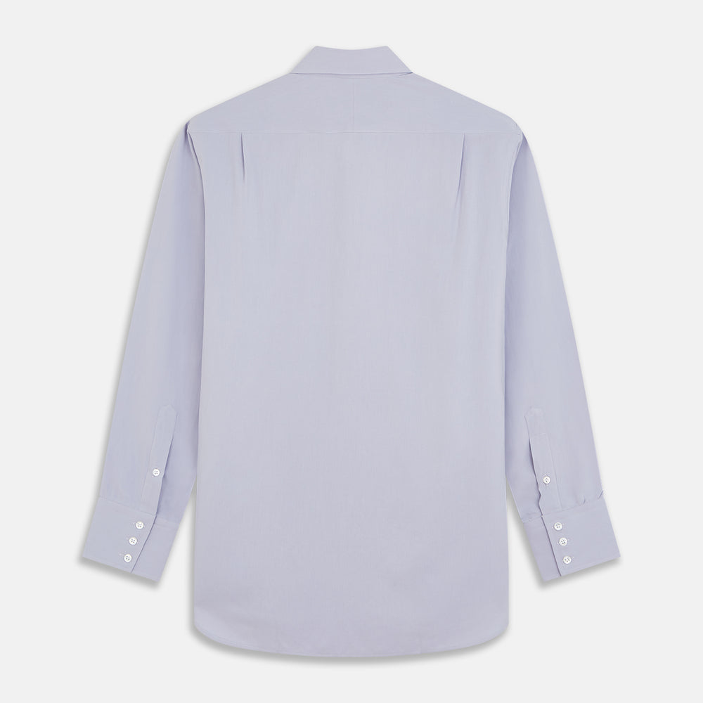 The Turnbull & Asser Lilac Silk Regular Fit Flaxton Shirt features long sleeves, a classic collar, white buttons, and a curved hem, shown laid flat on a white background.