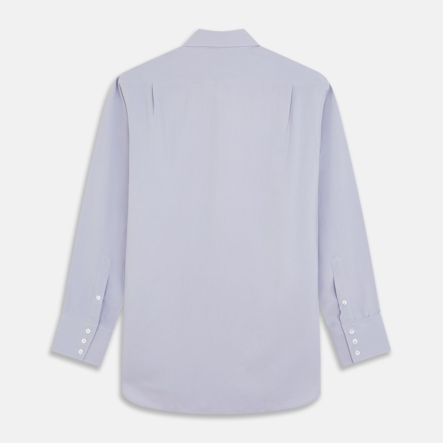 View 5 of product The Turnbull & Asser Lilac Silk Regular Fit Flaxton Shirt features long sleeves, a classic collar, white buttons, and a curved hem, shown laid flat on a white background.