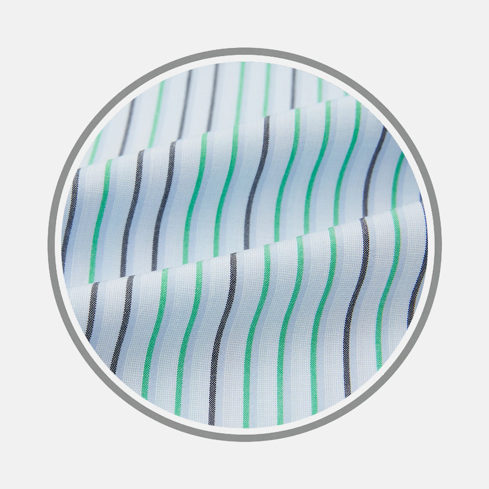 Close-up of Turnbull & Asser's Green and Blue Shadow Pinstripe Fabric, featuring white fabric with vertical blue and green stripes. Displayed in a circular frame, the folded material creates subtle waves and shadows.