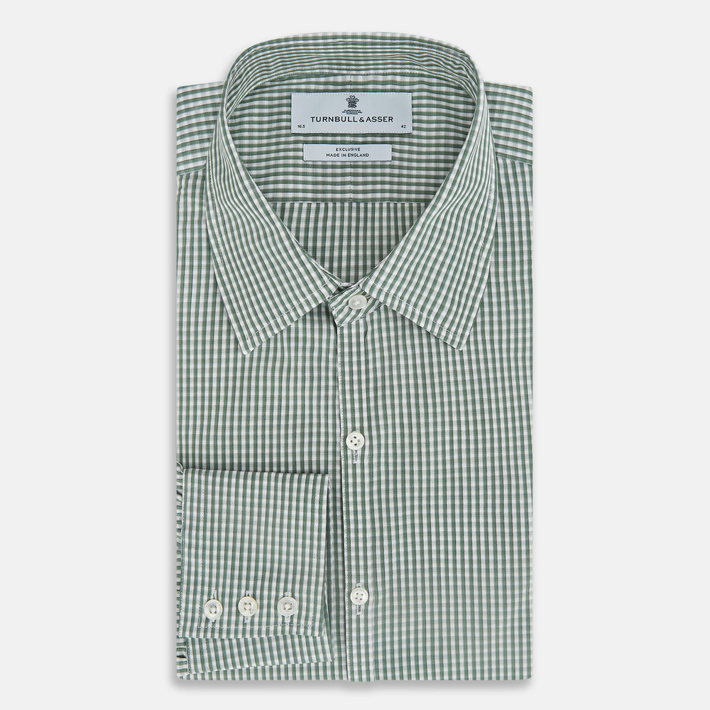 The MELON GREEN MICRO SHADOW CHECK WESTMINSTER SHIRT by Turnbull & Asser is a long-sleeved, button-up shirt with a green and white checkered pattern, pointed collar, and buttoned cuffs, shown on a white background.