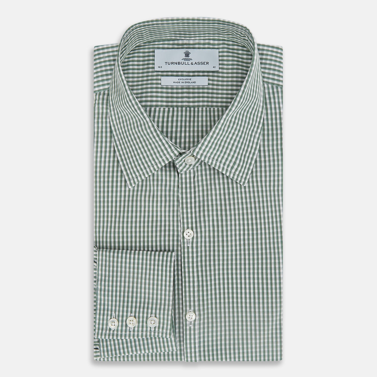 View 5 of product The MELON GREEN MICRO SHADOW CHECK WESTMINSTER SHIRT by Turnbull & Asser is a long-sleeved, button-up shirt with a green and white checkered pattern, pointed collar, and buttoned cuffs, shown on a white background.