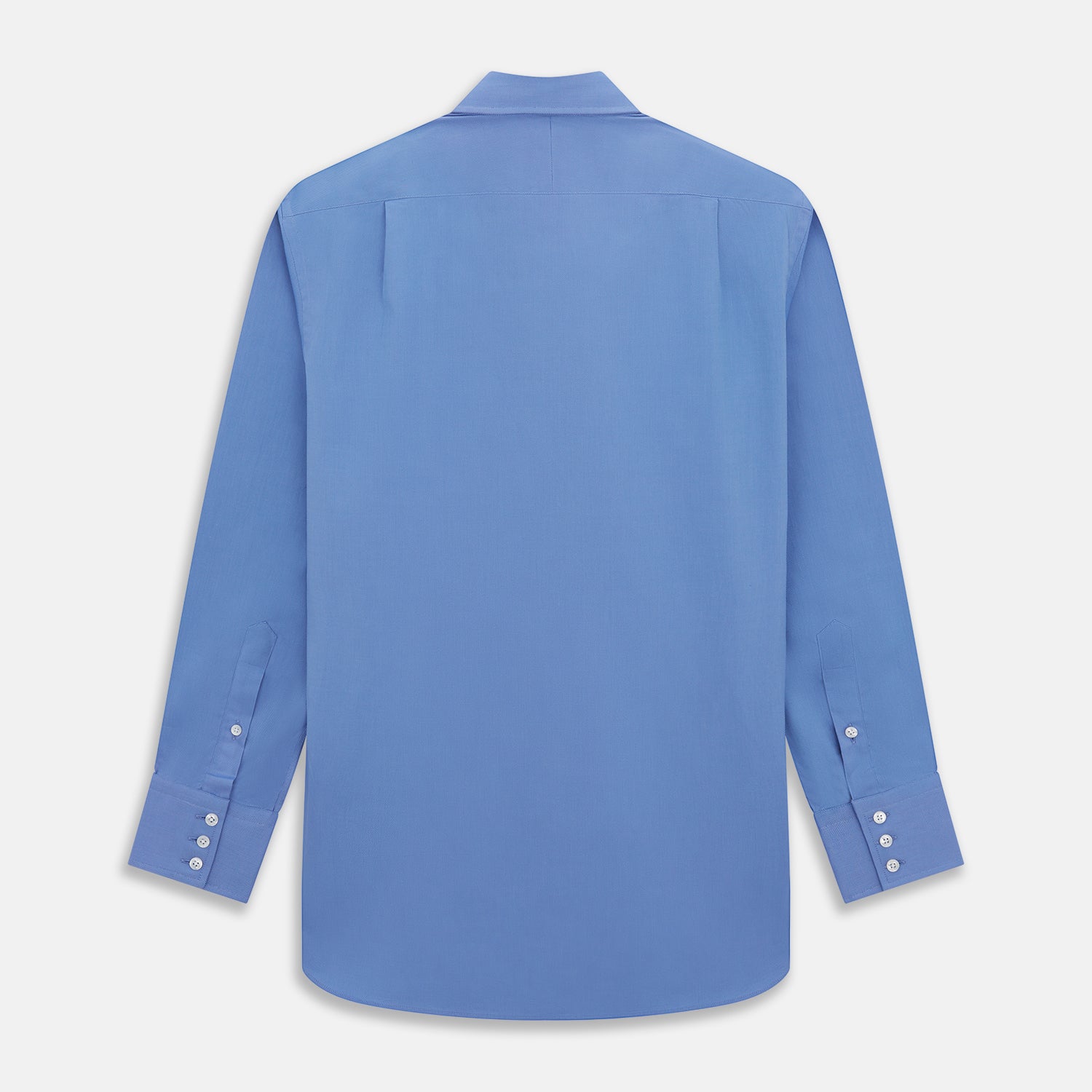 View 4 of product The World Is Not Enough Blue Cotton Istanbul Shirt by Turnbull & Asser, as seen on James Bond, features long sleeves, white buttons, a classic collar, and buttoned cuffs, shown against a plain white background.