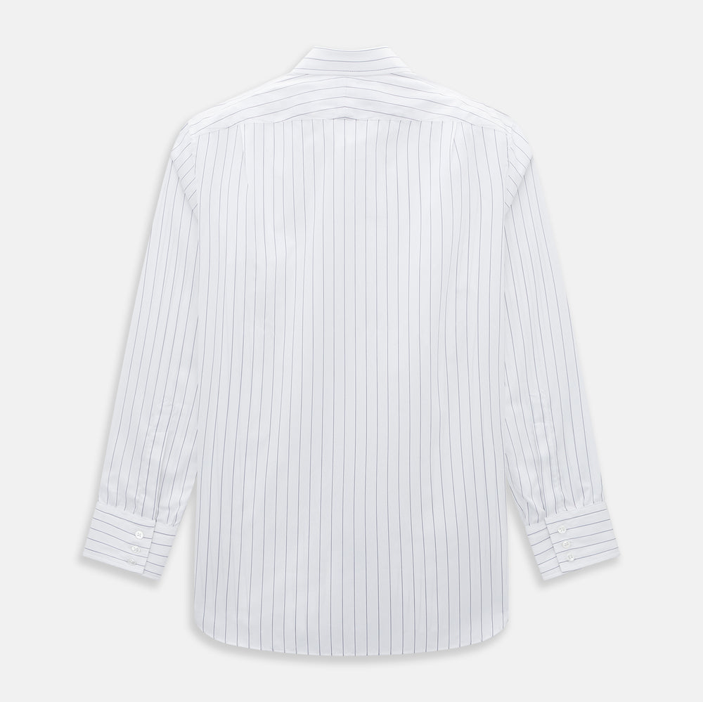 The Turnbull & Asser Navy Hairline Multi Stripe Mayfair Shirt, made from fine Italian cotton with navy stripes, a pointed collar, and buttoned cuffs, is shown laid flat on a plain white background.